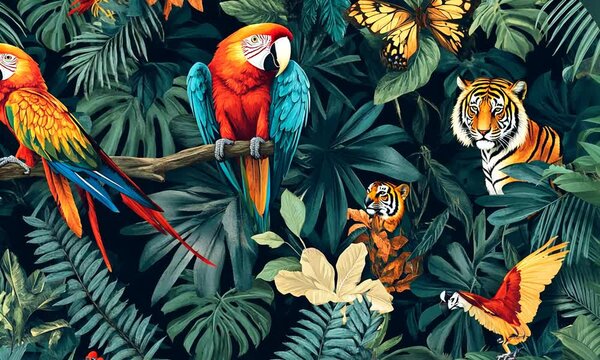 Tropical Jungle Illustration with Exotic Animals