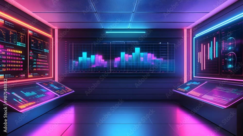 Poster performance benchmarks: an elegant business control room with bar graphs set against a backdrop of p