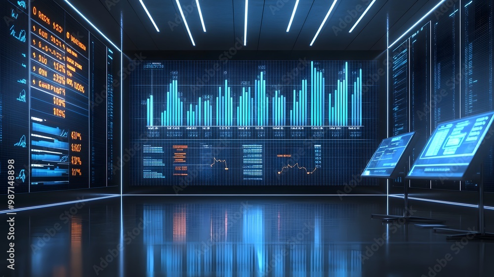 Poster performance benchmarks: an elegant business control room with bar graphs set against a backdrop of p