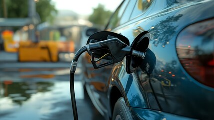 Naklejka premium Close-up of an electric car being charged at a public charging station, showcasing clean energy and sustainability in urban environment.