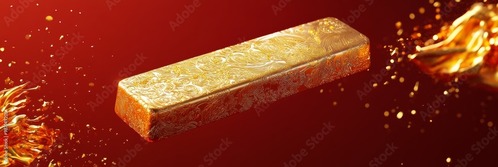 Poster A realistic 3D gold ingot with intricate patterns, floating against a red background with gold accents