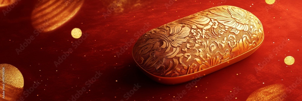 Poster a realistic 3d gold ingot with intricate patterns, floating against a red background with gold accen