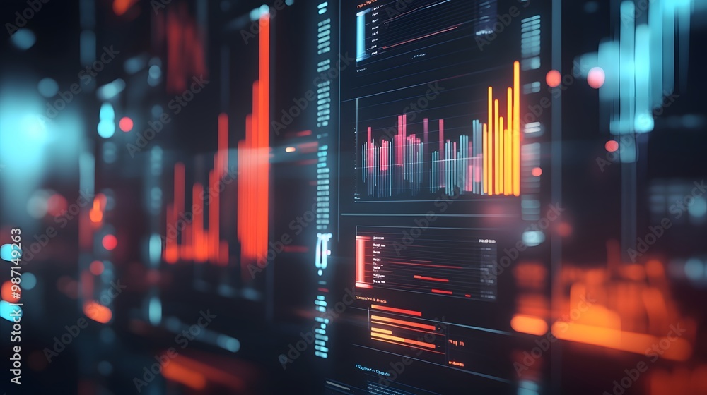 Poster comparative metrics: a sleek, high-tech comparison scene showing side-by-side bar graphs of differen