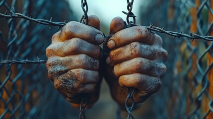 Close-up of dirty hands gripping barbed wire, symbolizing struggle, determination, and resilience against adversity.