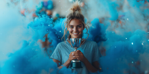 Young woman celebrates victory with a trophy amidst a vibrant blue smoke backdrop at a festive gathering