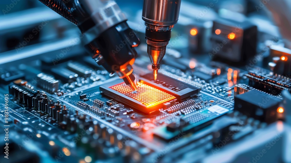 Aufkleber close up of a robotic arm assembling a circuit board.