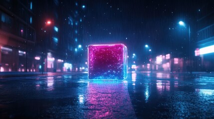 Obraz premium Neon Cube in Rainy City