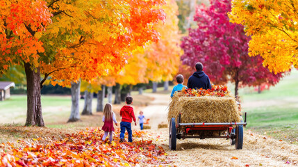 Family enjoying a fall day with children walking beside a hay cart filled with colorful autumn leaves on a scenic path