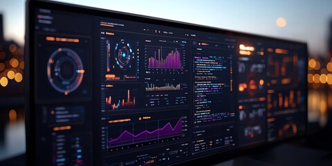 Close up of computer screen showing various charts and data at night.