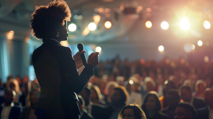 Afro-American woman with afro hair speaking at a conference in front of an audience. The strength of women, feminism, academic conference, politics.