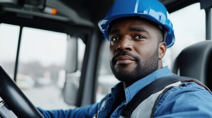 Confident construction worker with hard hat driving a construction vehicle, focused on the road ahead, showcasing professionalism and safety.