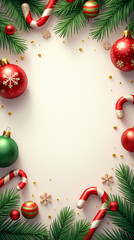 A lively digital illustration showcases an arrangement of festive holiday decorations, including colorful ornaments and candy canes, surrounded by green foliage, perfect for seasonal greetings