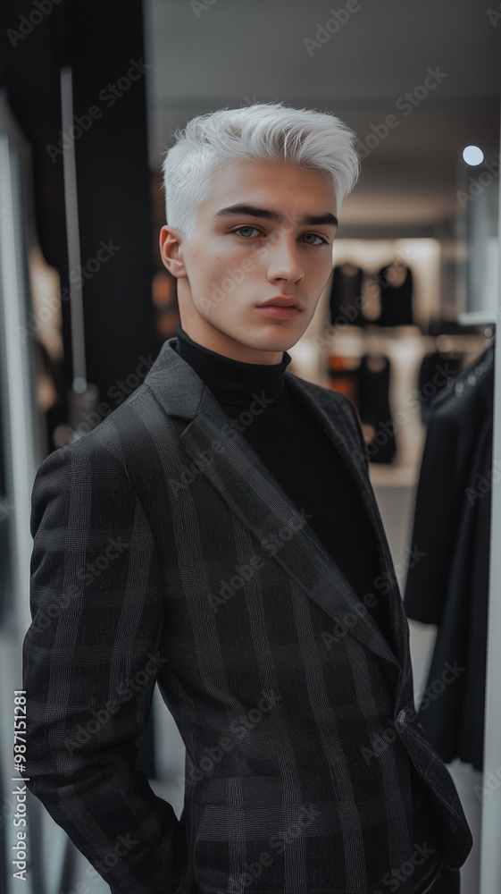 Canvas Prints social media influencer, white hair and grey eyes wearing stylish business attire. Background of fashion store. Posing for his profile picture, trying to look good.