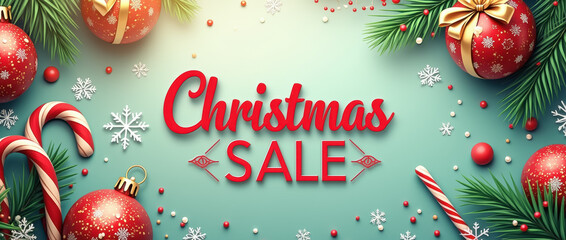 A vibrant digital illustration captures the essence of the festive holiday season with festive ornaments, candy canes, and a bold announcement of a Christmas sale