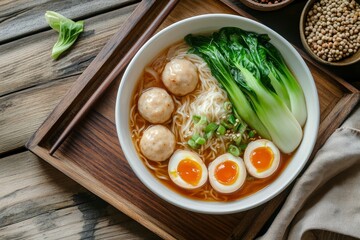 Top view of Japanese ramen spicy soup with fish balls green bak choy and brasied five spice duck eggs in white bowl on serving brown wooden tray , ai