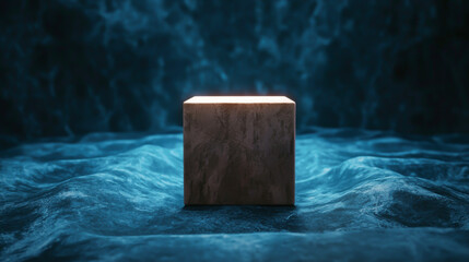 A wooden cube illuminated against a dramatic blue background, showcasing texture and depth in a serene environment.