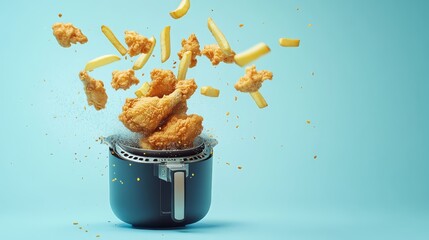 Crispy fried chicken and golden fries hovering above a deep fryer on a blue background, showcasing delicious fast food in motion.
