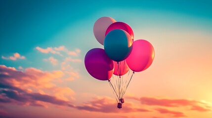Fototapeta premium A cluster of colorful whimsical balloons drifting peacefully into the serene vibrant sunset sky a captivating scene of freedom adventure and the beauty of nature