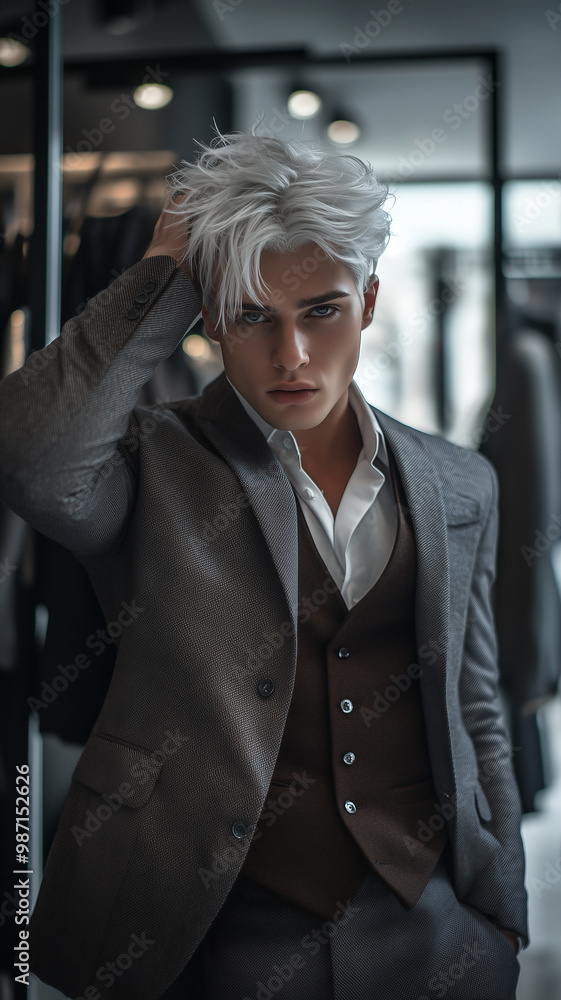 Canvas Prints social media influencer, white hair and grey eyes wearing stylish business attire. Background of fashion store. Posing for his profile picture, trying to look good.