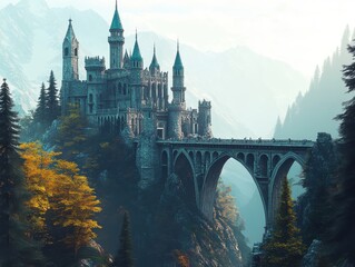 Fototapeta premium Majestic castle nestled among lush green forests and towering snow-capped mountains under a cloudy sky, AI Generation
