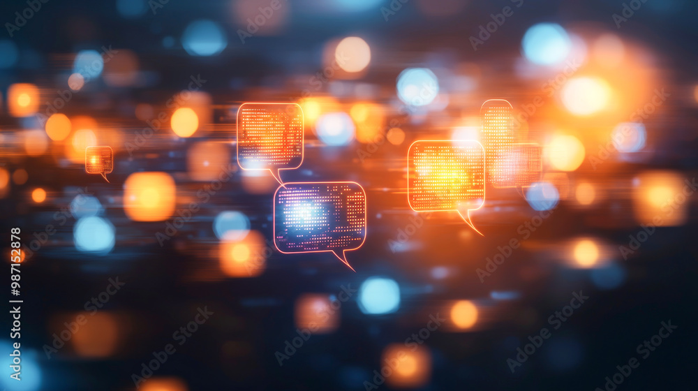 Poster abstract visualization of digital communication symbols with glowing lights, representing modern int