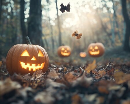 Glowing jack-o-lanterns carved with ghostly faces floating through the fog-covered woods