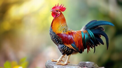 Fototapeta premium Colorful Rooster Standing on a Rock
