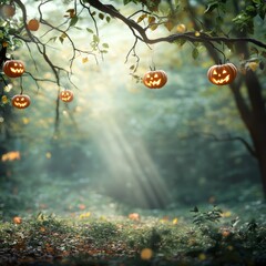 Glowing jack-o-lanterns hanging from ancient tree branches