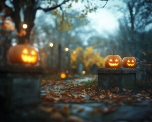 Glowing jack-o-lanterns perched on crumbling tombstones in a dark graveyard