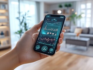 Close-up of a hand holding a smartphone displaying health data in a modern living room.