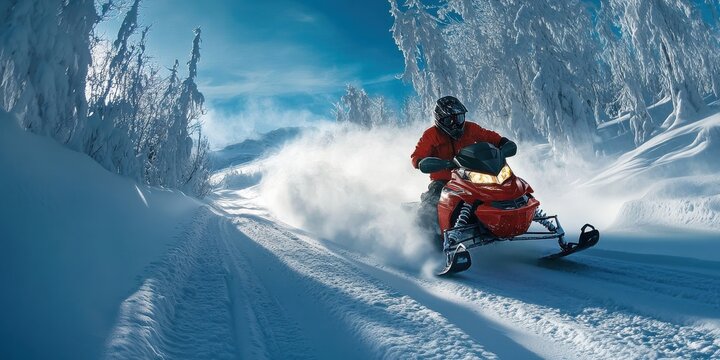 snowmobile racing across snowy terrain 