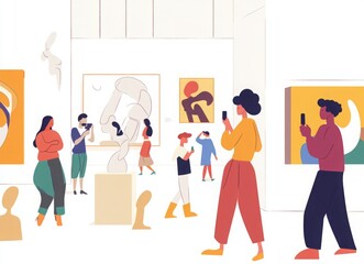 Cultural Connoisseurs: Flat Vector Illustration of People Engaging in an Art Gallery