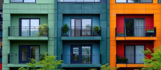 Naklejka premium Vibrant Colorful Modern Apartment Building Facade with Balconies and Windows in Urban City Landscape Architectural design featuring a mix of green blue