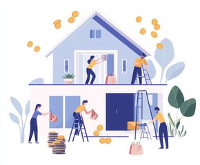 Fototapeta premium Home Exterior Revamp: Flat Illustration of People Working with Coins and Money Bags Afloat