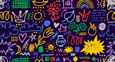 Seamless pattern hand drawn charcoal doodle shapes, squiggles in childish girly style. Template seamless pencil colorful drawings. Vector flower, heart, grid doodle, crown, stars, collage elements.