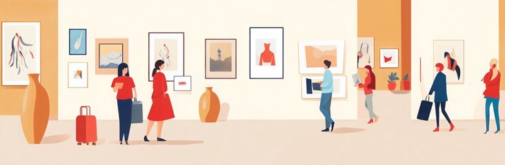 Cultural Exploration: Vector Illustration of Art Enthusiasts Engaging with Gallery Artworks