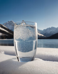 a glass filled with clean drinking water in the snow, against the background of a beautiful winter landscape, nature with mountains and lake, freshness and coolness