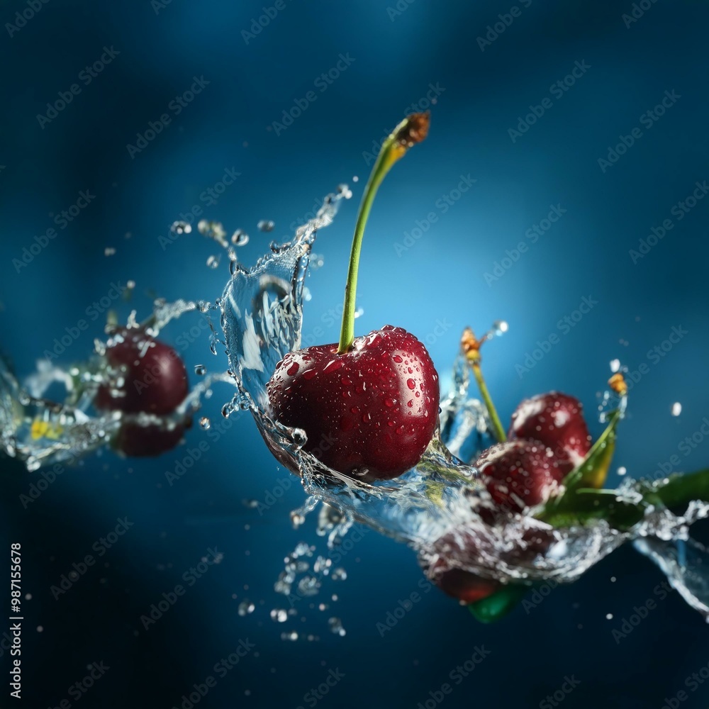 Poster a single cherry with a stem splashes into clear water against a blue background.
