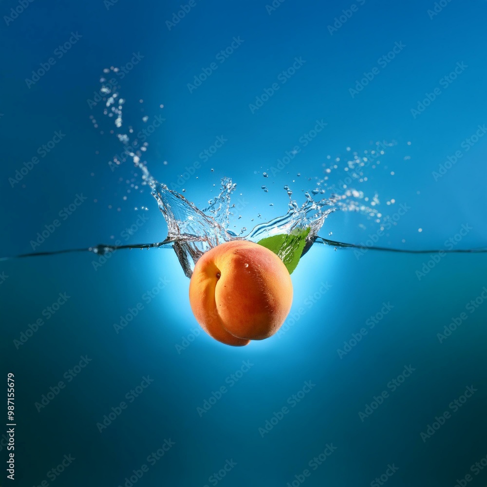 Poster a peach with a green leaf falls into a pool of blue water, creating a splash.
