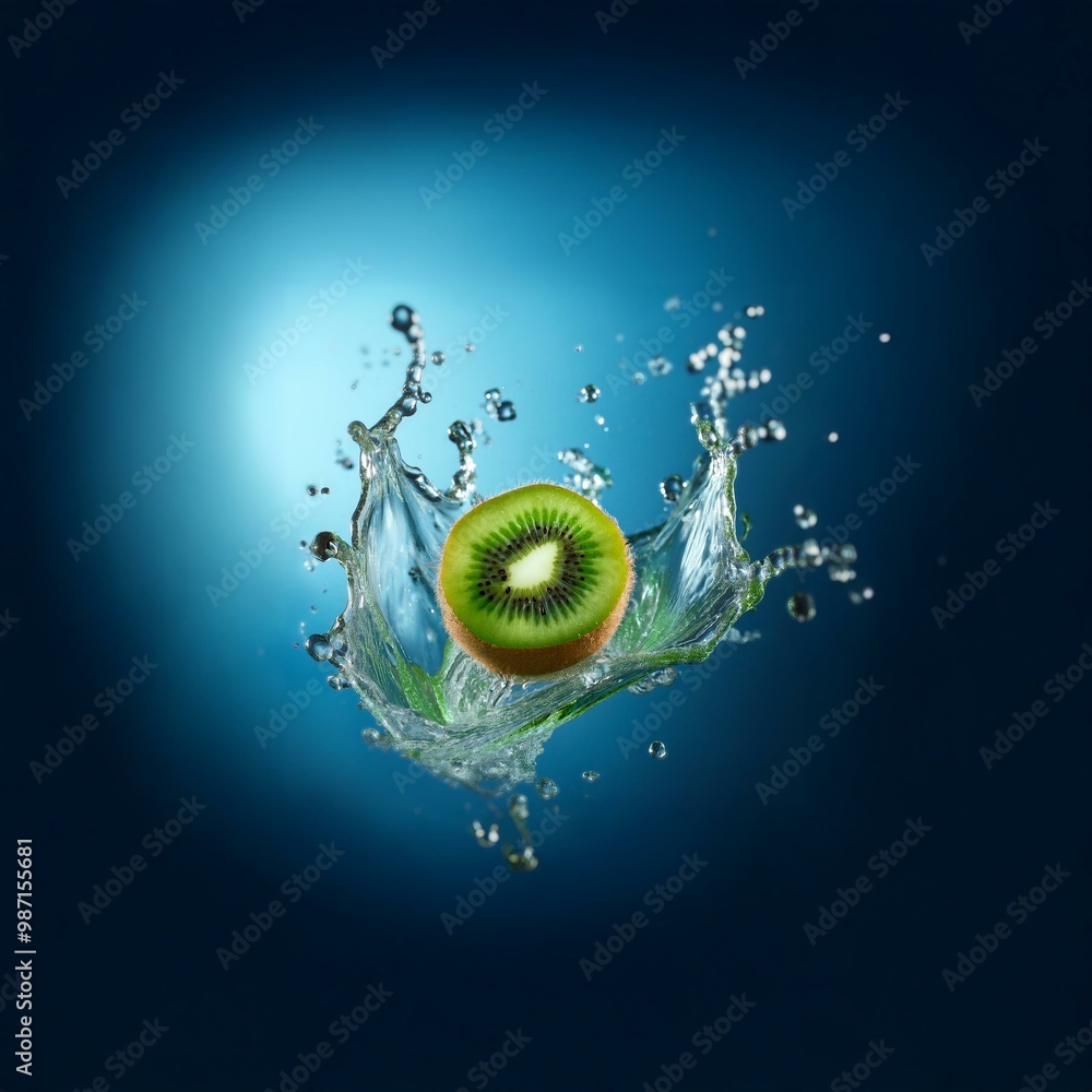 Poster a half slice of kiwi fruit falls into clear water creating a splash with droplets flying in the air 