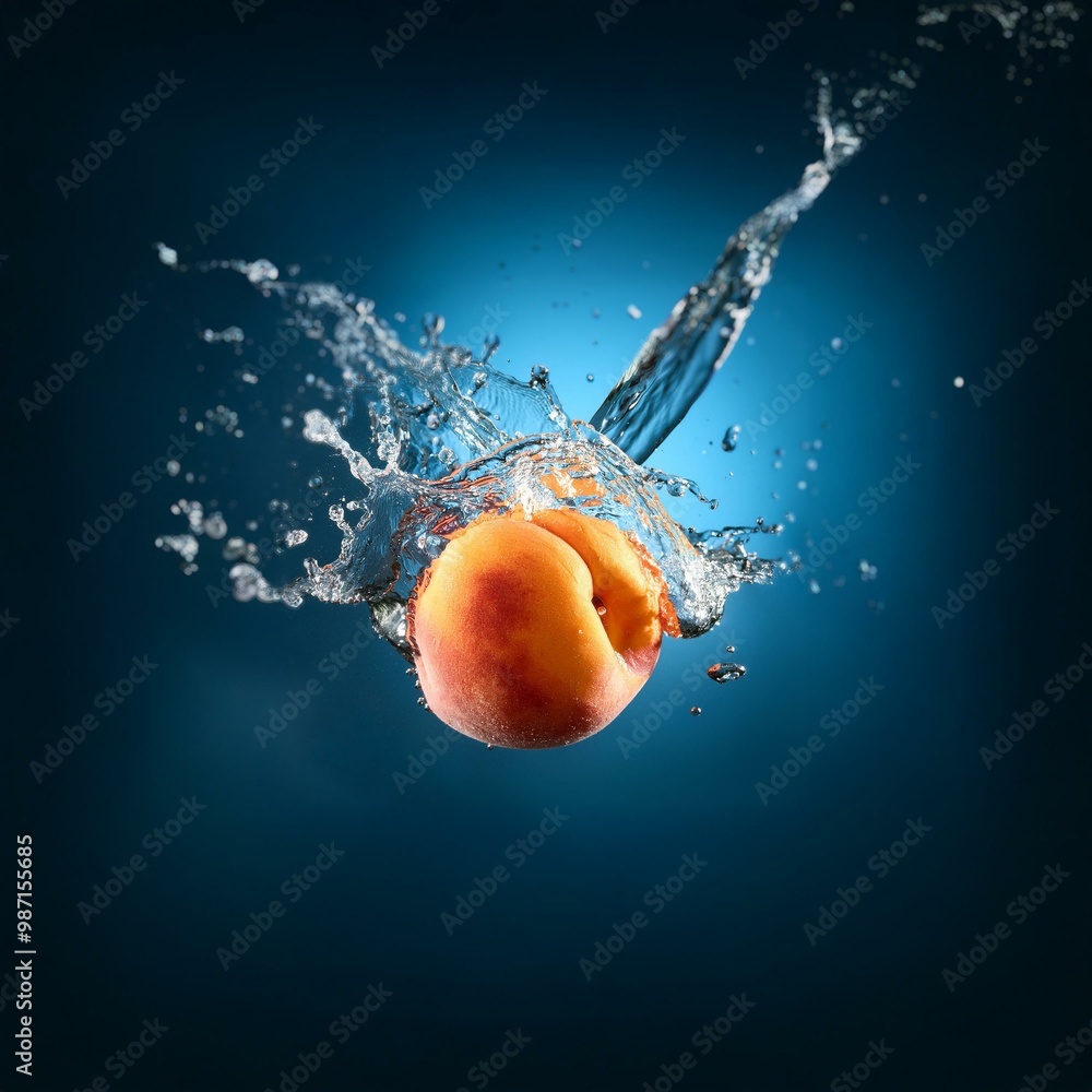 Poster A peach falls into a pool of water, creating a splash of droplets and bubbles.