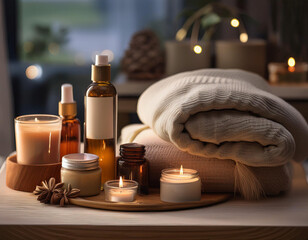Close-Up Depiction of a Night Routine, Featuring Relaxing Bedtime Rituals, Skincare Products, and Sleep Aids