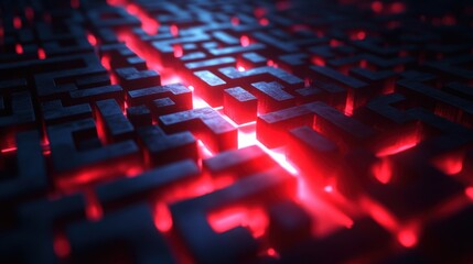 Fototapeta premium banner featuring a maze with a highlighted red path, representing strategy and navigation
