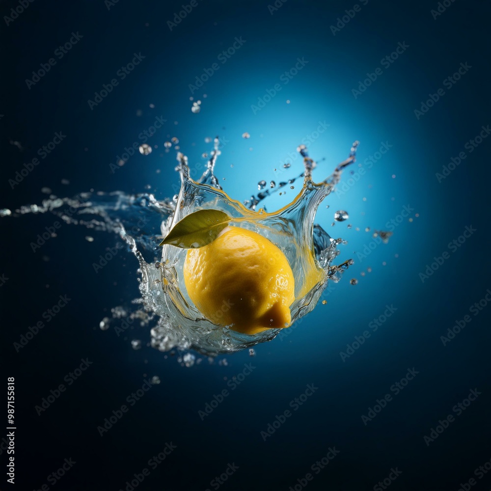 Poster a lemon with a leaf is shown being dropped into water, creating a large splash.