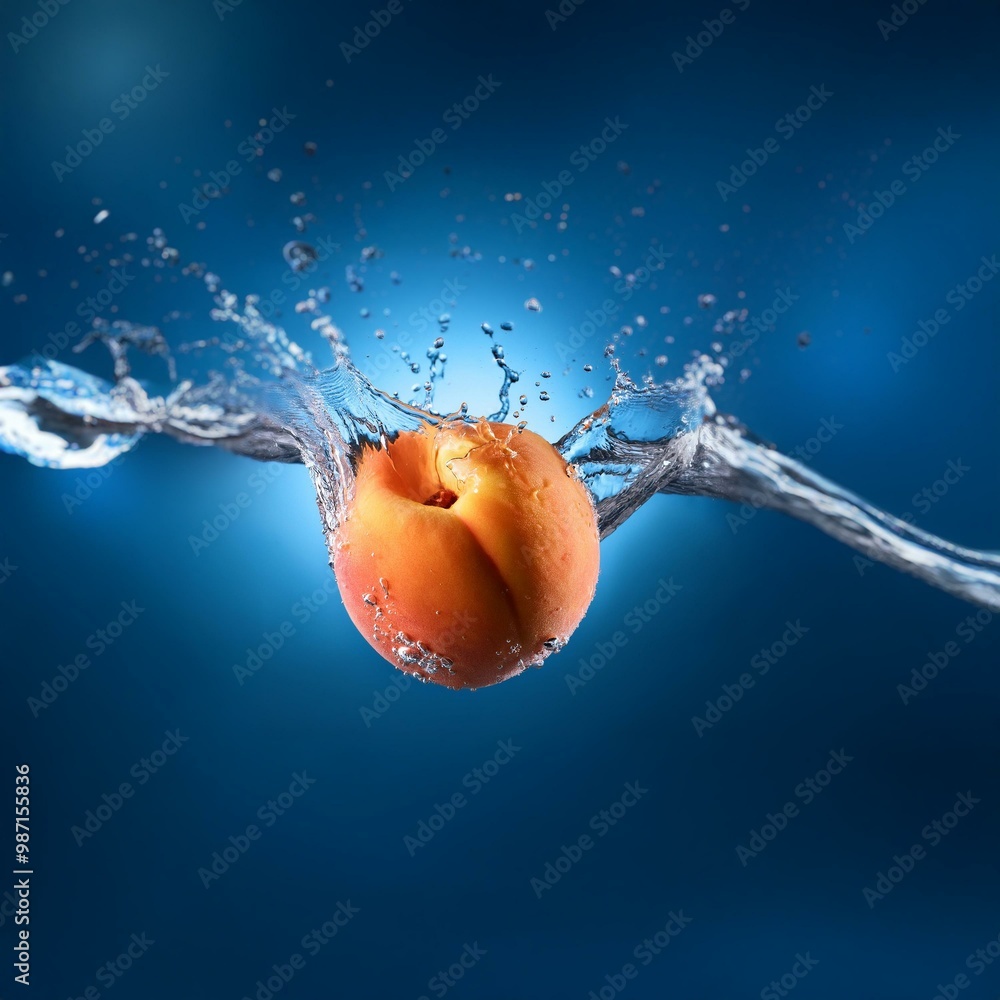 Poster A peach falls into a pool of water, creating a splash.