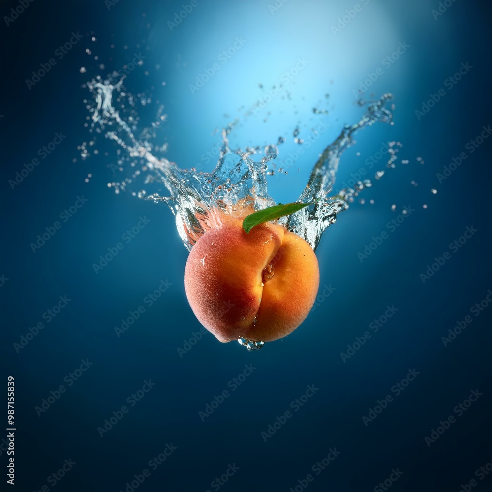 Poster a peach with a single leaf falls into a pool of water, creating a spray of droplets against a blue b
