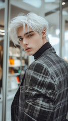 Fototapeta premium social media influencer, white hair and grey eyes wearing stylish business attire. Background of fashion store. Posing for his profile picture, trying to look good.