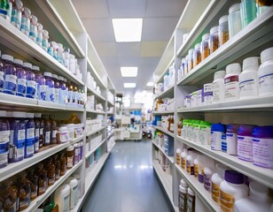 Fototapeta premium Pharmacy shelves stocked with medicine bottles, illustrating healthcare, pharmaceuticals, and medical supplies.