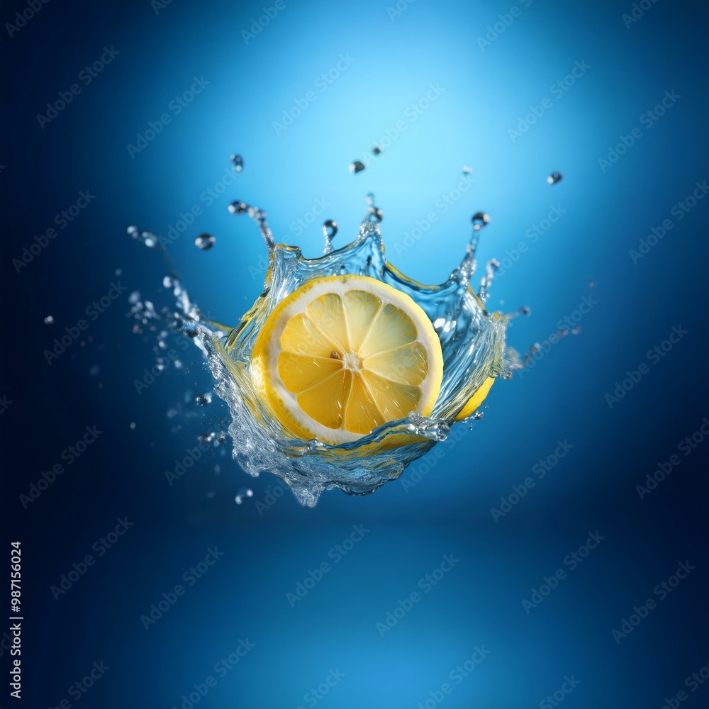 Poster lemon slice falling into a blue liquid, creating a water splash.