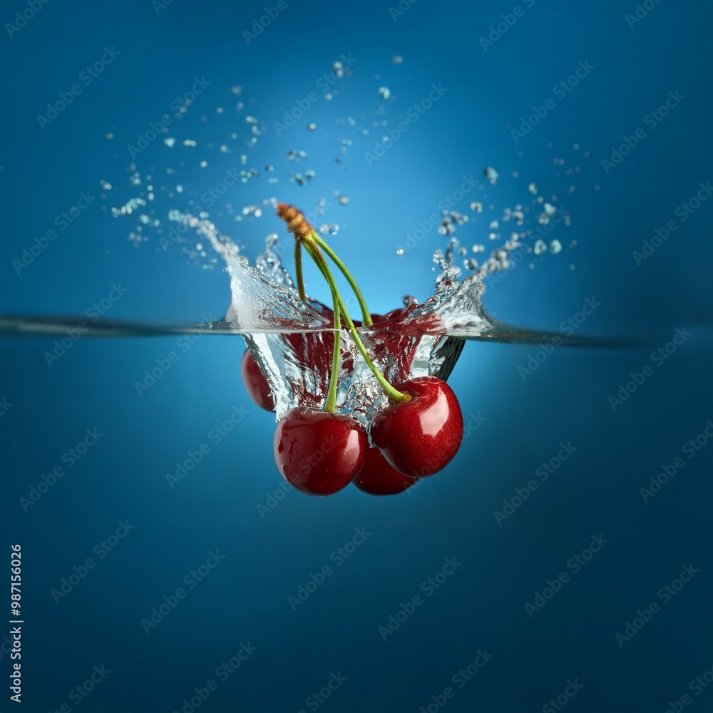 Poster three red cherries splash into blue water creating a spray of bubbles.